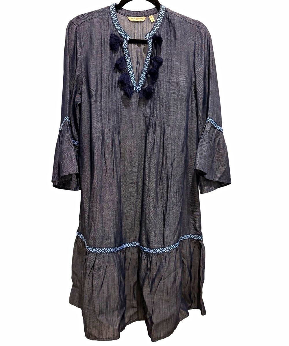 Soft Surroundings Blue Lyocell Denim Midi Dress Tassel V-Neck 3/4 Geometric Trim